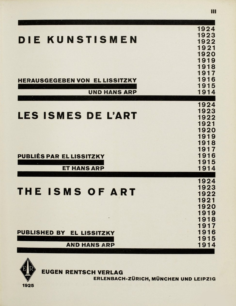 Title Page: The Isms of Art by El Lissitzky and Hans Arp by Eliezer Markowich Lissitzky