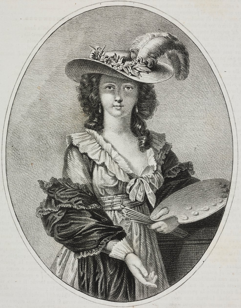 Self-portrait with palette, by French painter Elisabeth Vigee Le Brun, lithograph by Giovanni Mariani from Poliorama Pittoresco, n 42, May 28 by Elisabeth Louise (after) Vigee Lebrun