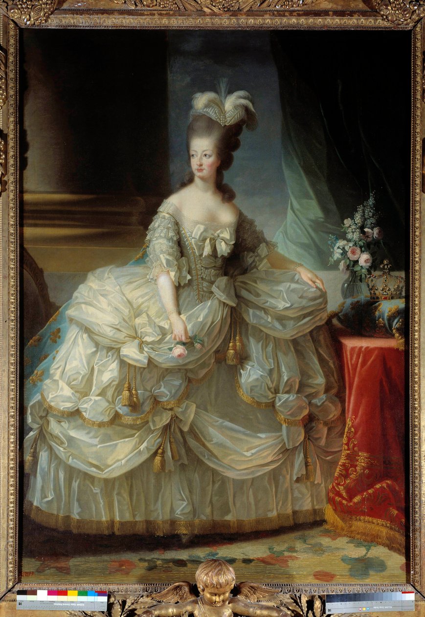 Portrait of Marie Antoinette, Queen of France, in large court suit, a rose in hand. Painting by Marie Elisabeth Louise Vigee Le Brun by Elisabeth Louise Vigee Lebrun