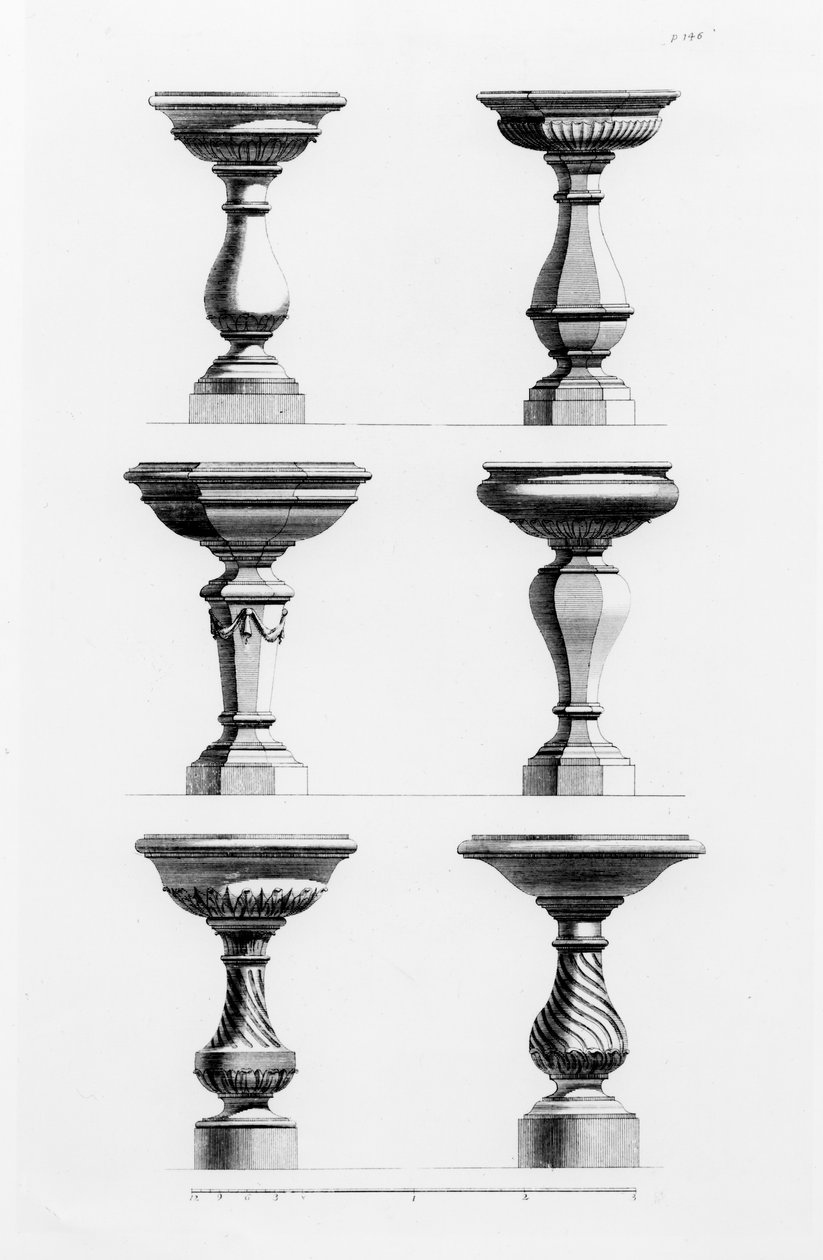 Designs for urns in the antique taste, from A Book of Architecture, by James Gibbs, published 1739 by Elisha Kirkall