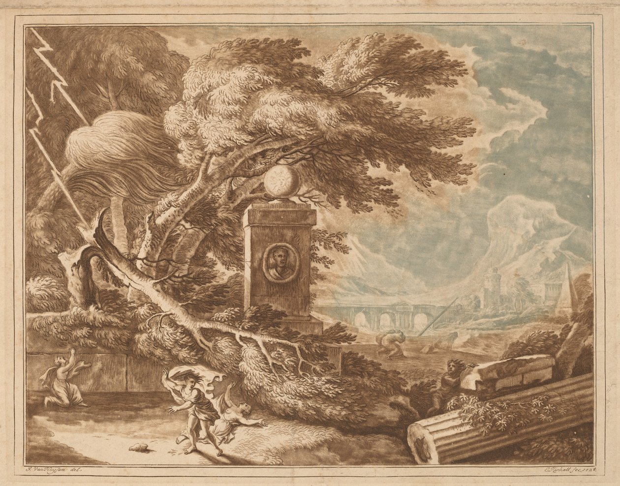 Heroic Stormy Landscape by Elisha Kirkall, after Jan van Huysum