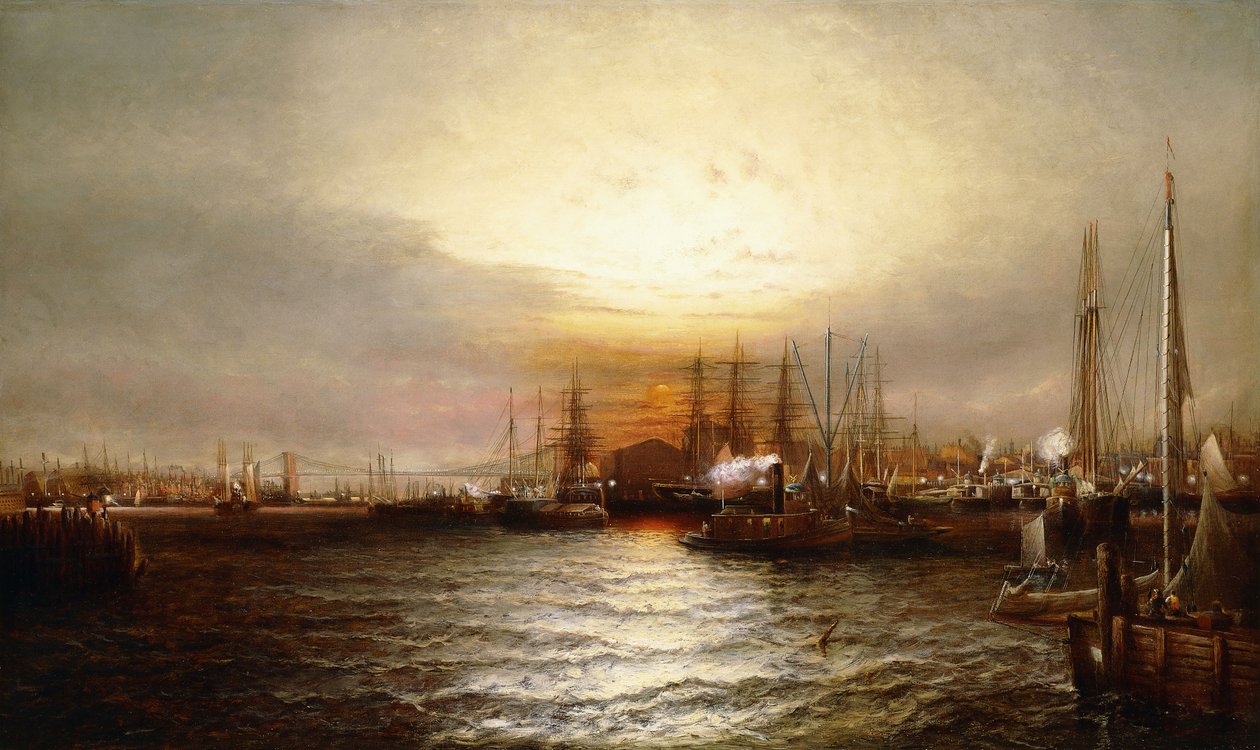Sunrise from Chapman Dock and Old Brooklyn Navy Yard, East River, New York by Elisha Taylor Baker