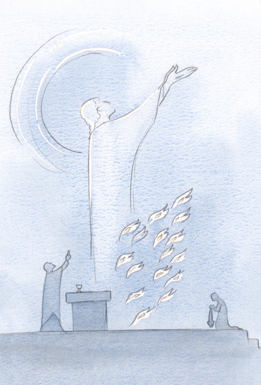 Christ stood in the sanctuary, His eyes lifted up to Heaven, flames of sacrifice near His garments by Elizabeth Wang
