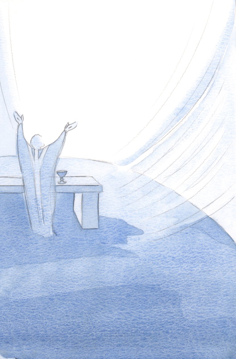 Christ sustains His Holy Church at every moment of her life, arms outstretched as he offers His Holy Sacrifice by Elizabeth Wang