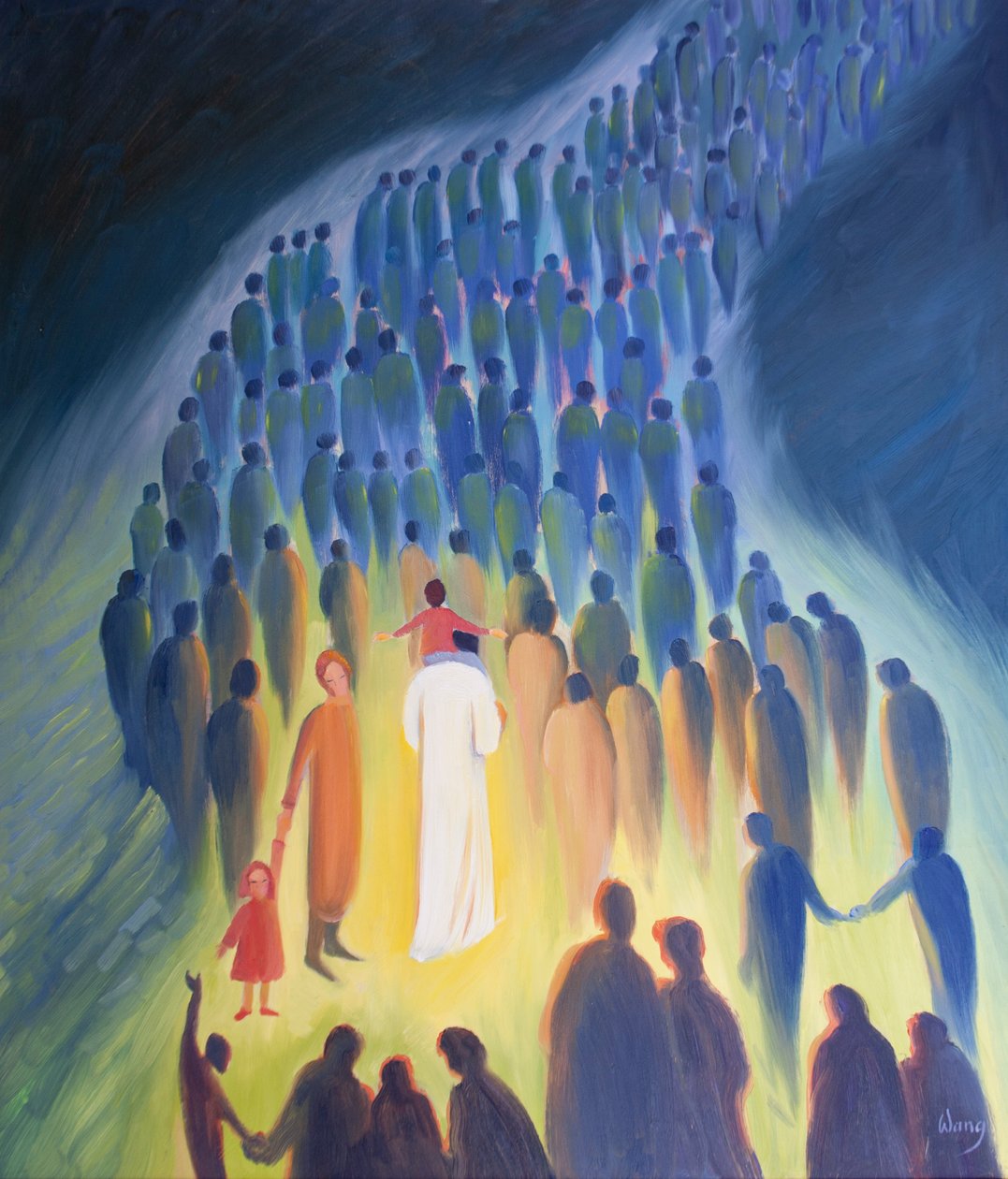 Christ walks amongst his people, with the pilgrims and the sick ones, a child on His shoulders. by Elizabeth Wang
