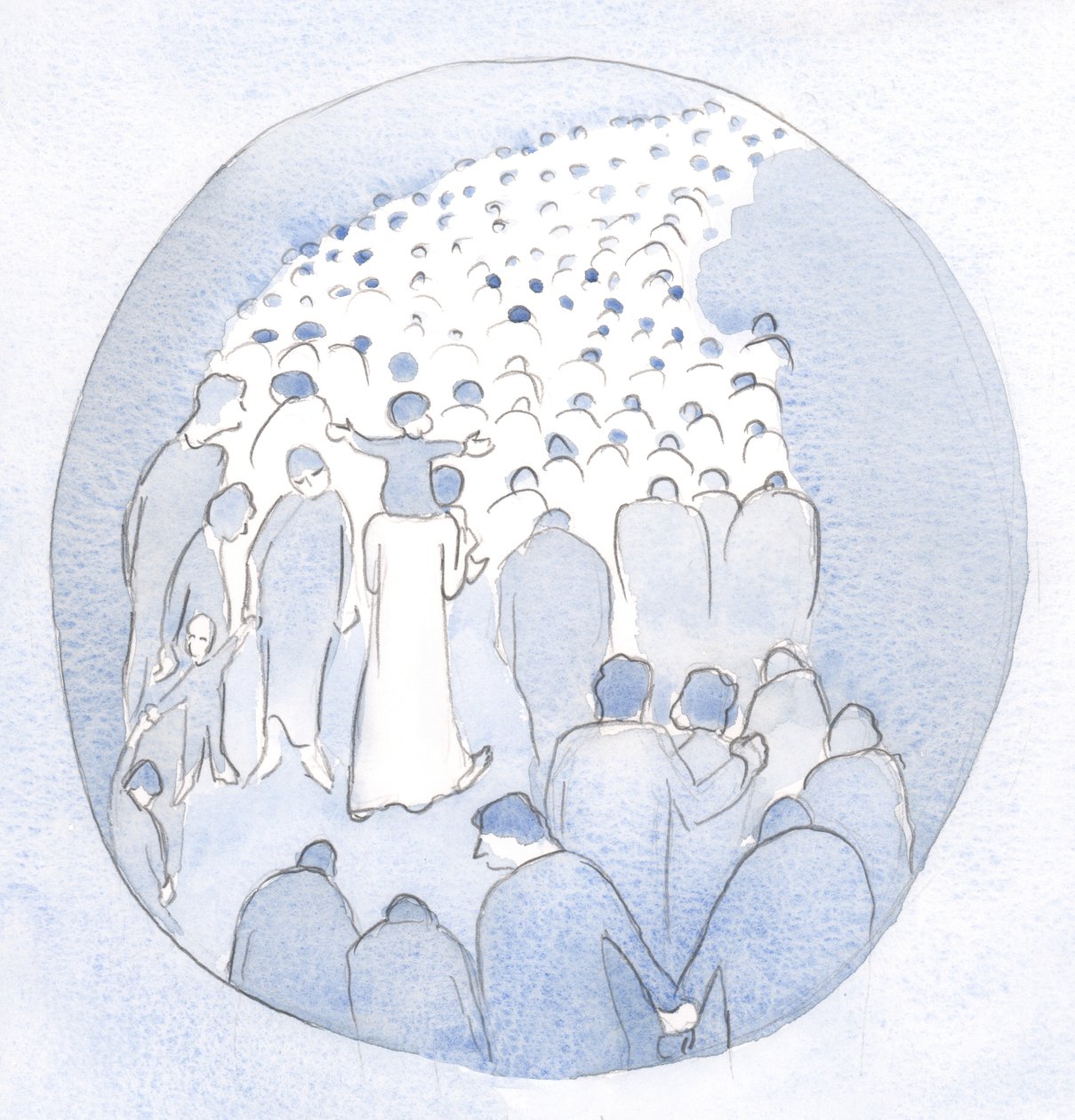 Christ was walking in the midst of His people, a child on His shoulders, with the pilgrims and sick ones by Elizabeth Wang
