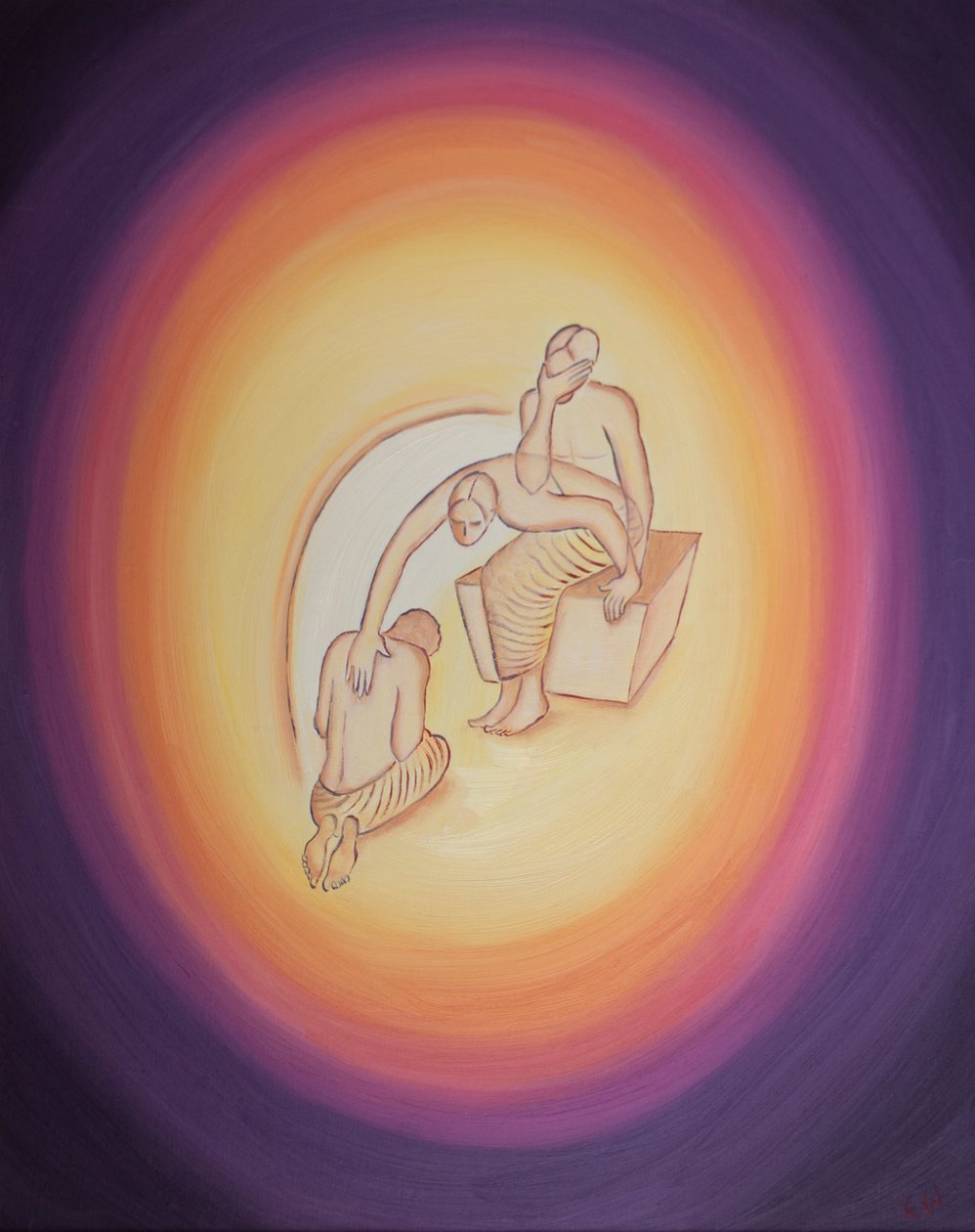 God the Father, aware of the horrific cost of the Incarnation, reaches out, through His Holy Spirit, to His Beloved Son, Who willingly assents to come to earth for our salvation by Elizabeth Wang