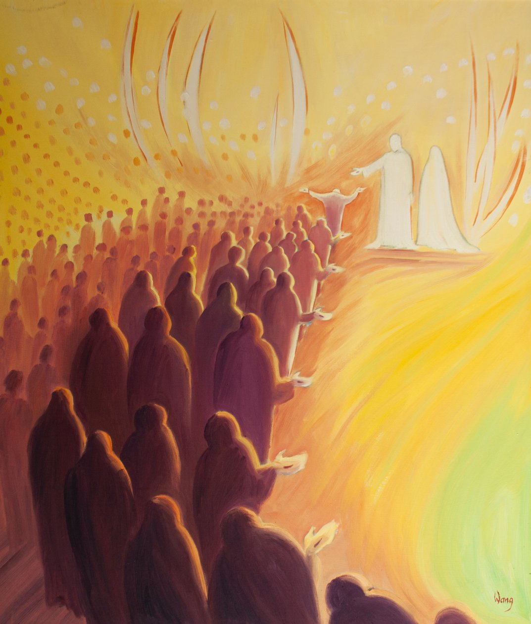 Jesus crucified waits at the gate of Heaven, with His mother Mary and the holy angels by Elizabeth Wang