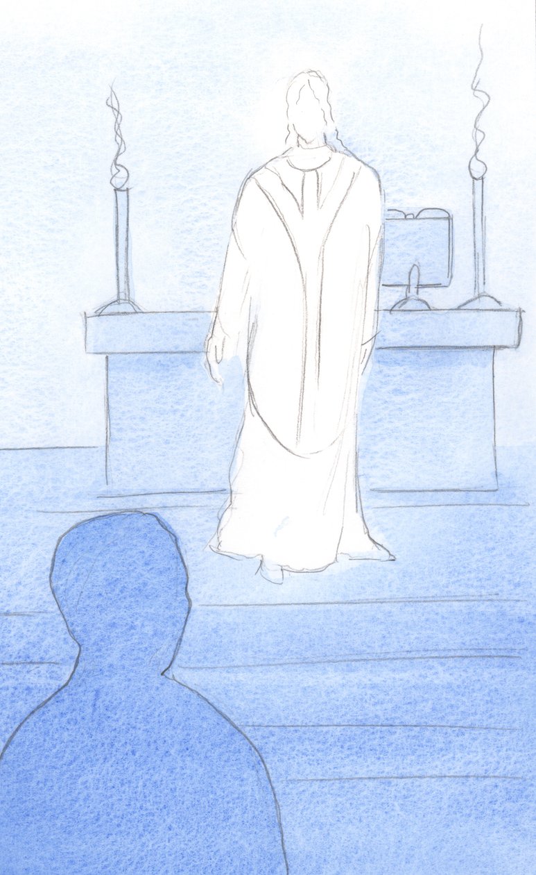 Jesus was present amongst us at Mass, robed as a priest, turning towards us to lead us into prayer by Elizabeth Wang