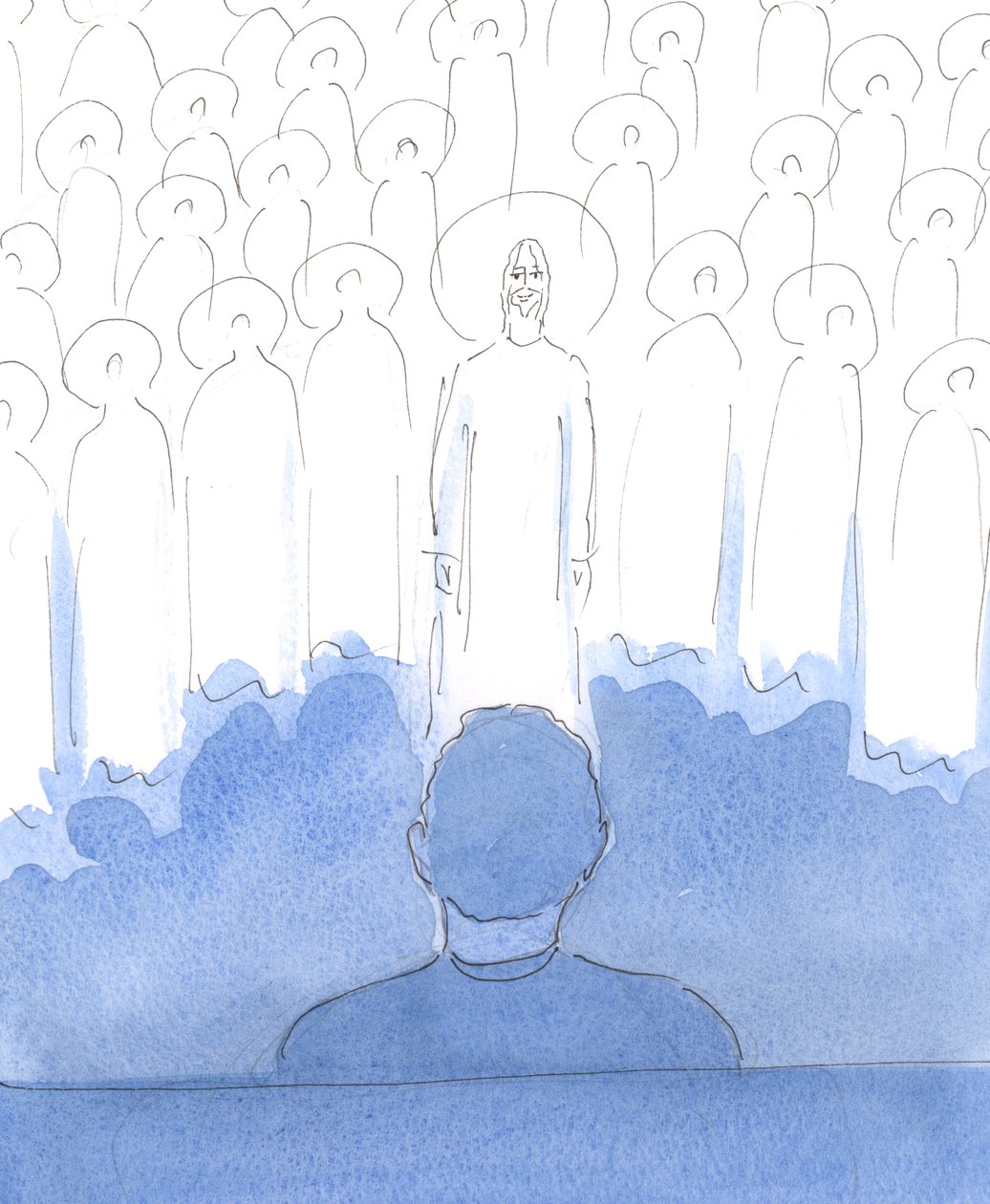 The Saints are all around us, with Christ, as we pray; they delight in the love in our hearts, and in every reverent word and gesture as we honour them, and adore and praise the Three Divine Persons by Elizabeth Wang