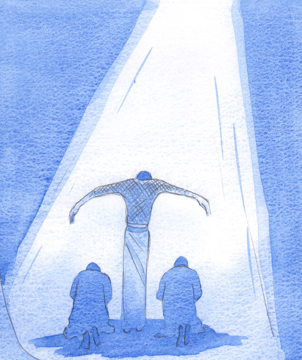 The suffering Saviour stands, with outstretched arms, to shelter repentant people; and the Father looks lovingly from Heaven, upon His Son, 2002 by Elizabeth Wang