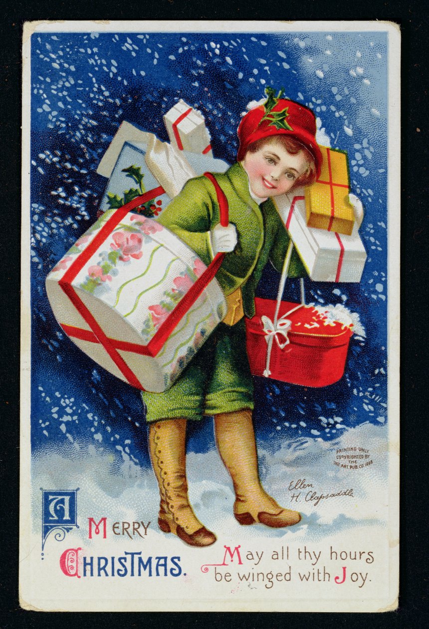 Boy with Presents, early 20th century christmas card by Ellen Hattie Clapsaddle