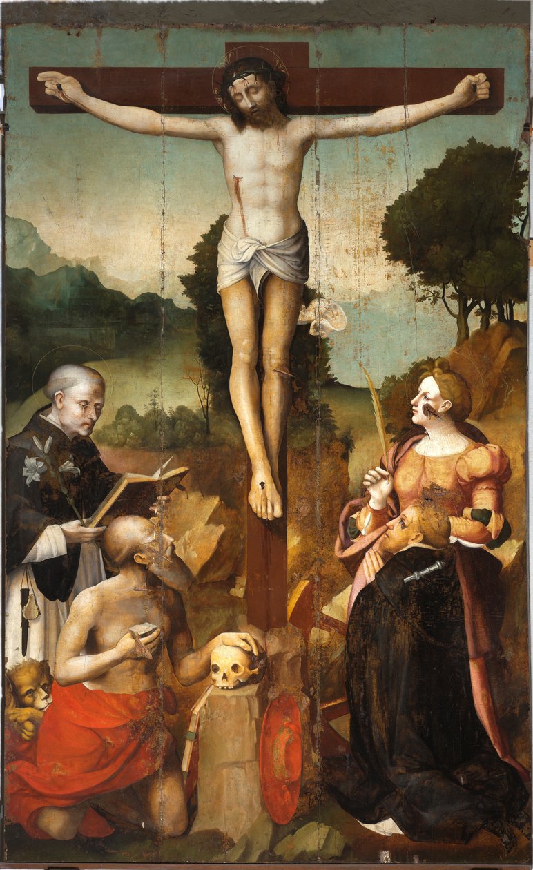 Crucifixion of Christ with Saint Dominic, Saint Jerome, Saint Catherine of Alexandria and Saint Peter the martyr by Emanuele & Pancalino Cristoforo (Raffaello de Rossi) (fl.1525 1578) Macario
