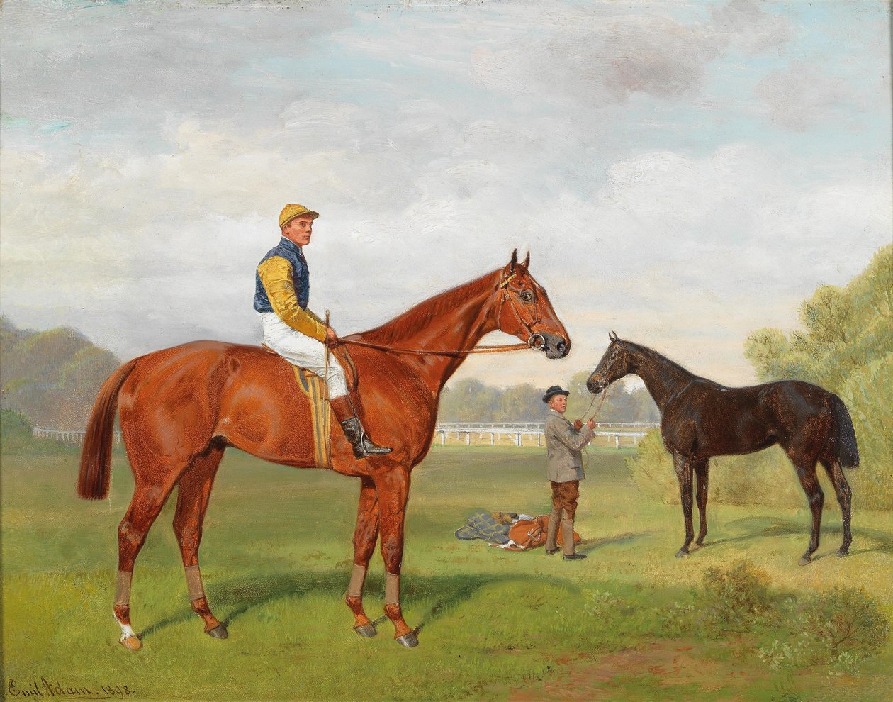 Arulo and Komamasszony, two victorious race horses from the estate of Baron Hermann von Konigswarter with jockey Robert Adams by Emil Adam