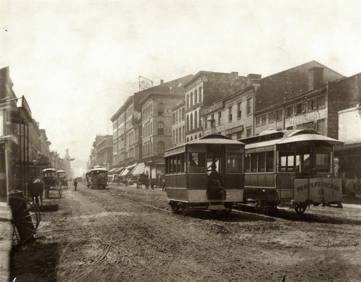 View of Streetcars Traveling on Fourth Street South of Morgan Street. Morgan Street was also Known as Delmar Boulevard, and Later as Convention Plaza by Emil Boehl