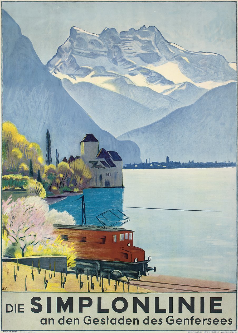 Simplonlinie, poster advertising rail travel around Lake Geneva by Emil Cardinaux