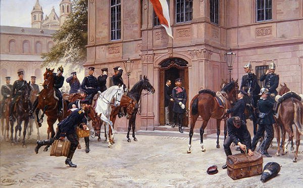 Crown Prince Ludwig IV of Hesse-Darmstadt Bidding Cornelius Heyl Farewell, Before Schlosschen, Worms, as He Departs to the Battle of Sedan in 1870 by Emil Huenten