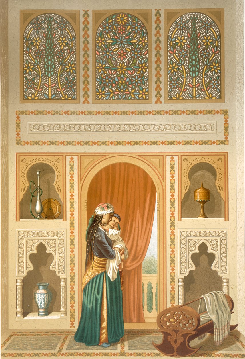 Cairo: Interior of the domestic house of Sidi Youssef Adami: a woman standing in a room of rich mosaic and marble decoration, 19th century by Emile Prisse d