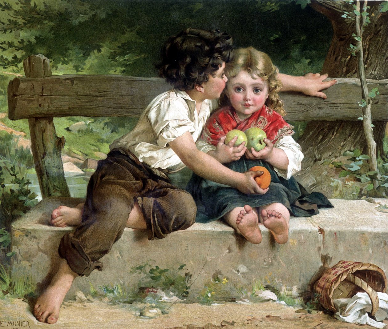 Boy kissing girl and giving her apples, according to E. Munier by Émile (after) Munier