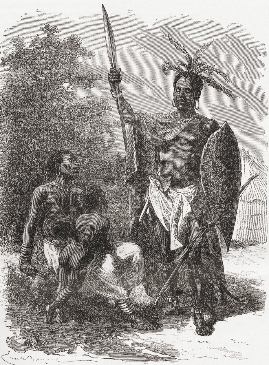 A native of Ougogo, Central Africa, in war dress by Emile Antoine Bayard