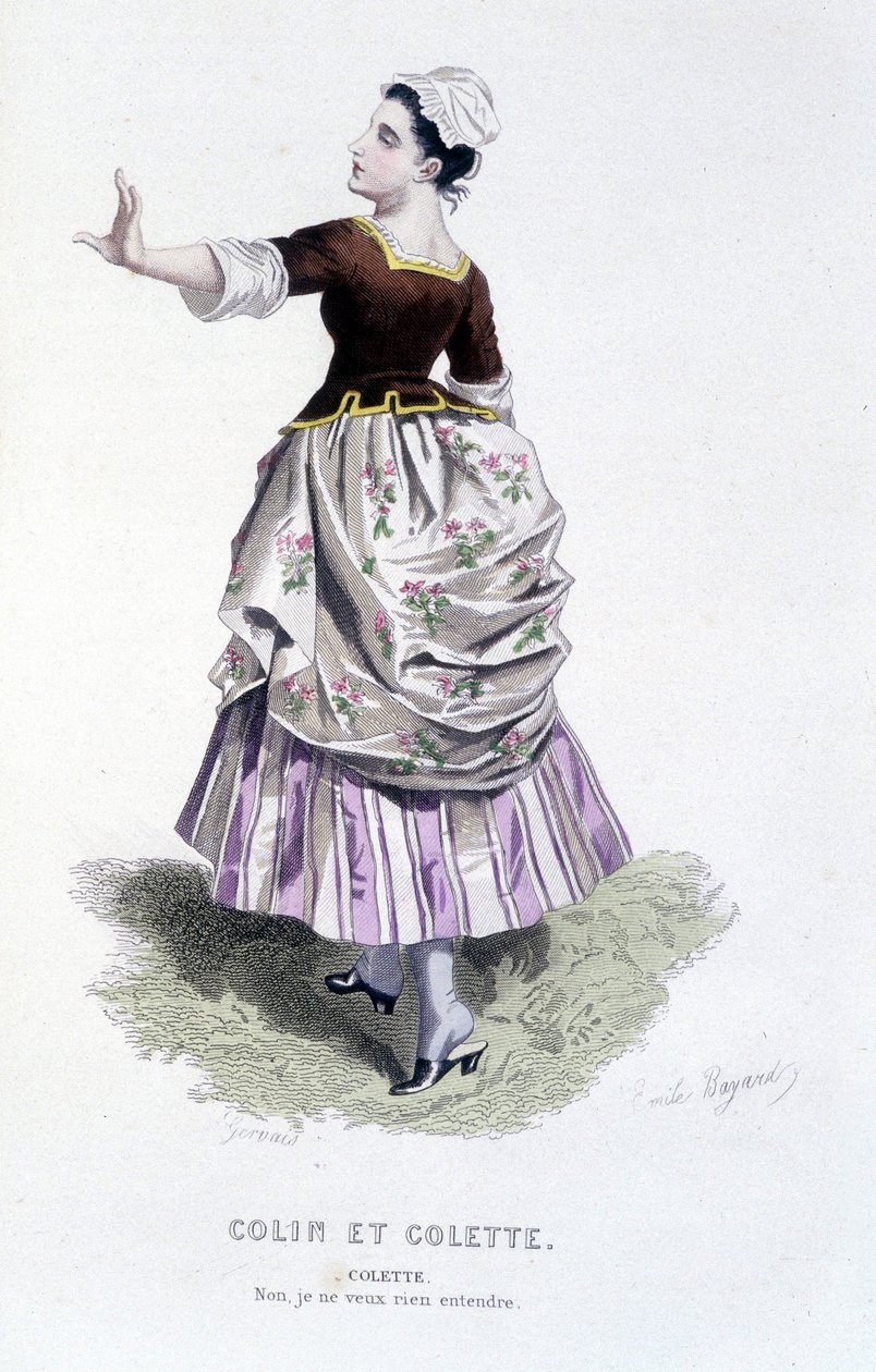 Complete work by Beaumarchais (1732-1799) by Edouard Fournier. drawing by Emile Bayard. Ed. Laplace, Sanchez et Cie, Paris 1876. This is Colette in Colin and Colette by Emile Antoine Bayard