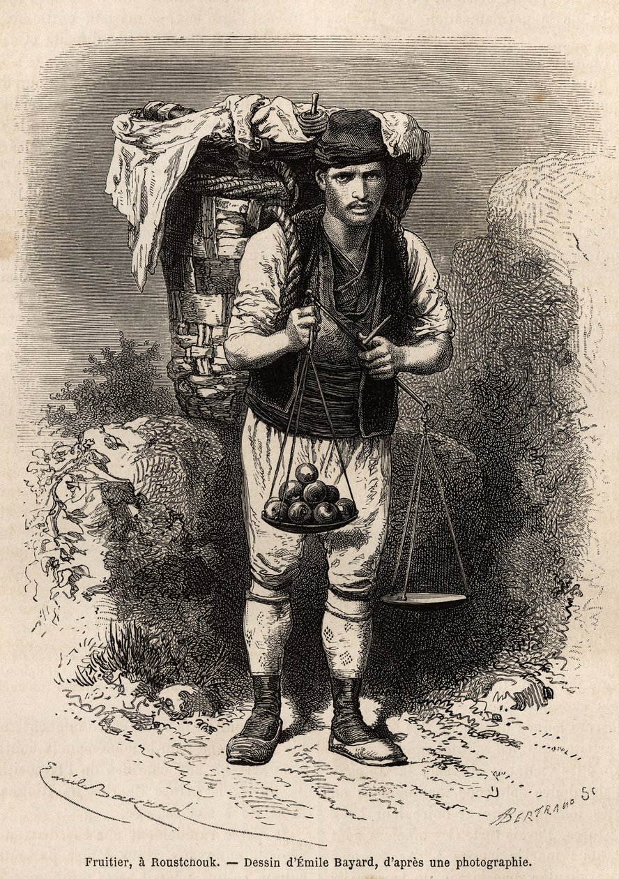 Fruitier, a merchant itinerant of fresh fruit, with his transport hood and portable scale on his back, in Roustchouk (Romania), engraving after the drawing by Emile Bayard, illustrating the journey to Bulgaria, by Guillaume Lejean, in 1867 by Emile Antoine Bayard