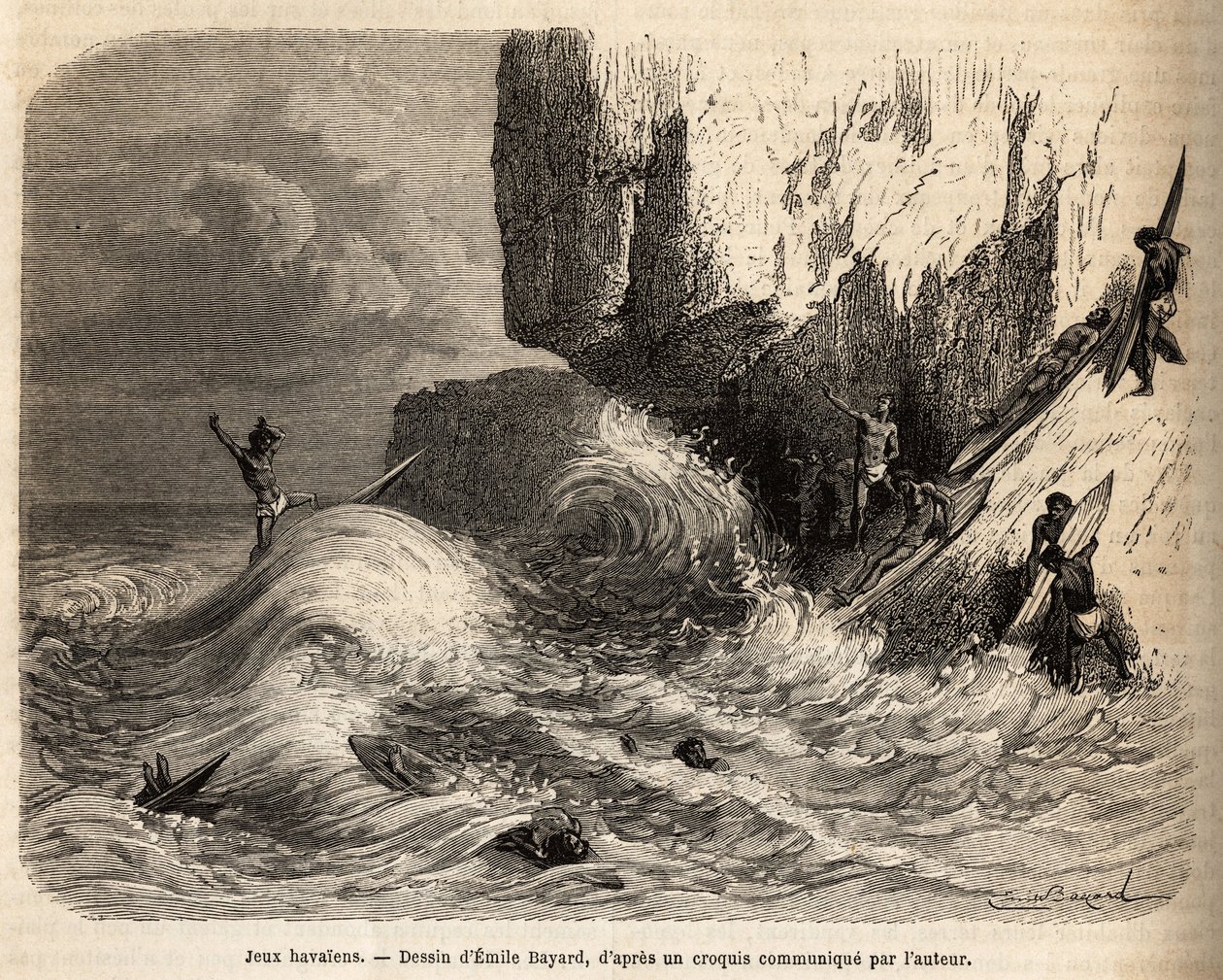 Hawaiian Games, at the precipice of Mokapuu, on the island of Oahu, the inhabitants distracted themselves by practicing their favorite game: surfing, engraving after Emile Bayard