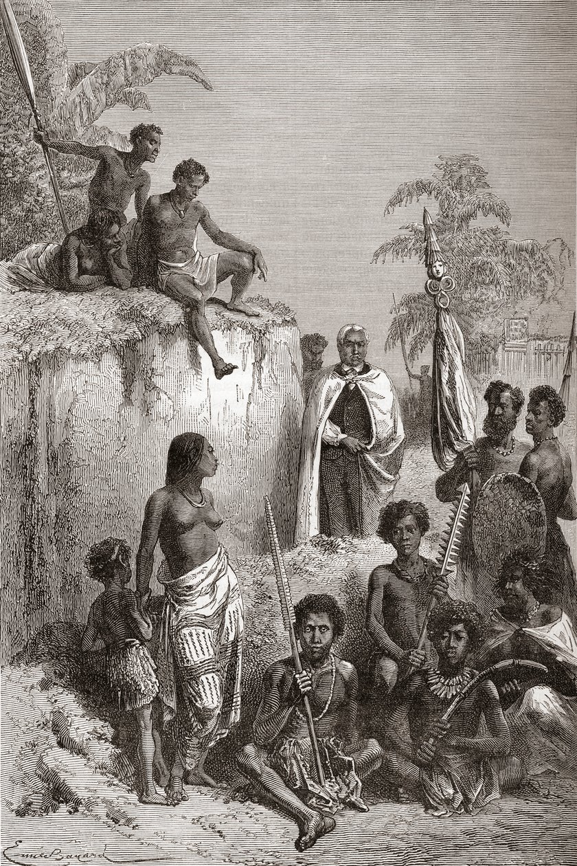 Hawaiian King Kamehameha I and his warriors, illustration from 