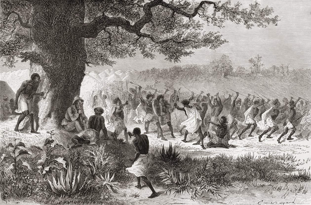 Henry Morton Stanley watching the Vouagogos tribe preparing for battle during his expedition in 1871, illustration from 