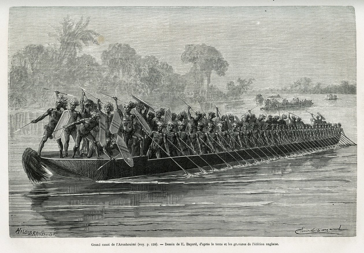 Large canoe of the Arouhouimi on the Livingstone River (Drawing by Emile Bayard) by Emile Antoine Bayard