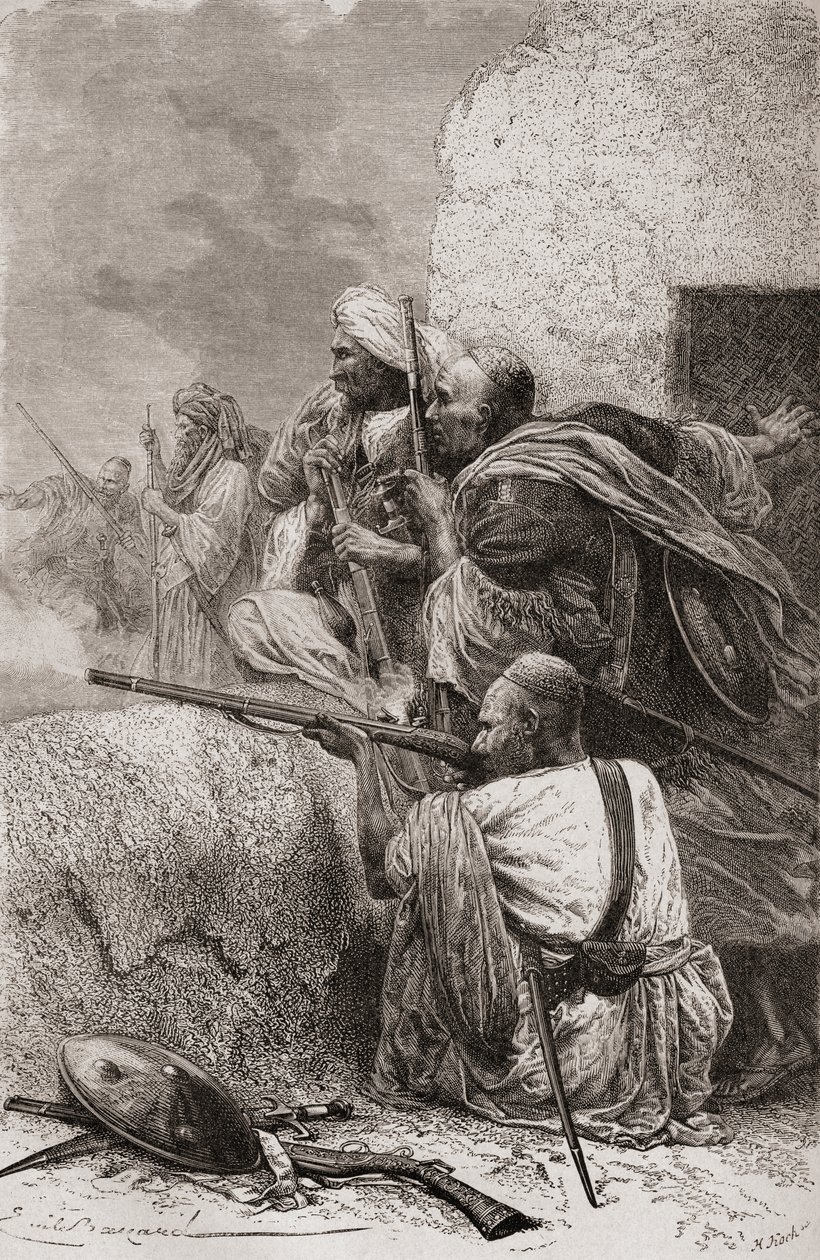 Northern Afghan rebels fighting the British in the mountains of Hazara, Pakistan, during British rule, 1878 by Emile Antoine Bayard