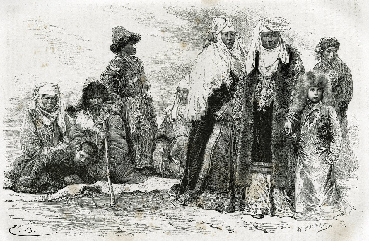 Poor and rich Kyrgyz women. Engraving by Emile Bayard, to illustrate travel impressions from Orenburg to Samarkand, by Marie de Ujfalvy-Bourdon, between 1876 and 1878, in the Tour du monde, directed by Edouard Charton by Emile Antoine Bayard