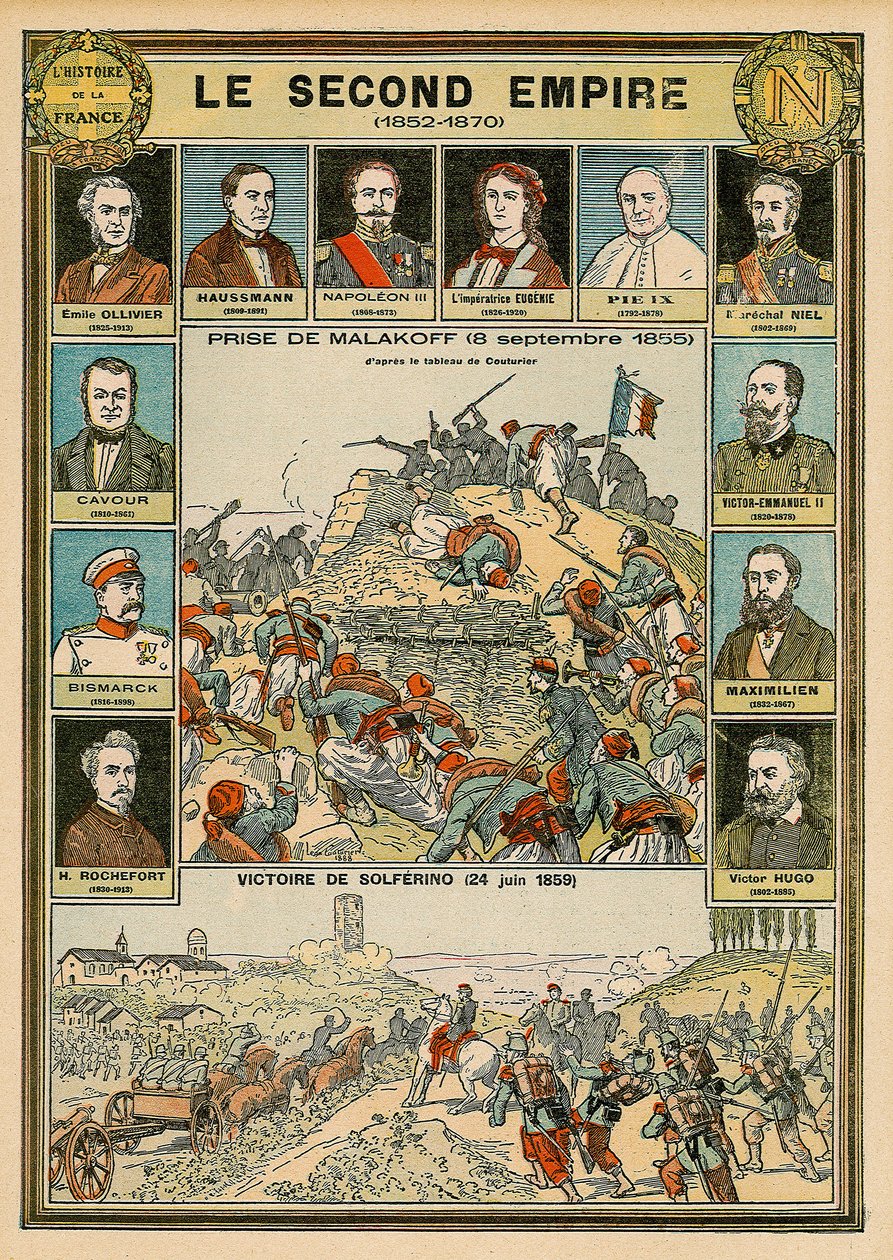 Second Empire 1852 to 1870 - capture of Malakoff 8 September 1855 - victory of Solferino 24 June 1859 - Emile Ollivier, Baron Haussmann, Napoleon III, Imperator Eugenia, Pope Pius IX, Marshal Niel, Victor Emmanuel II of Italy. by Emile Antoine Bayard