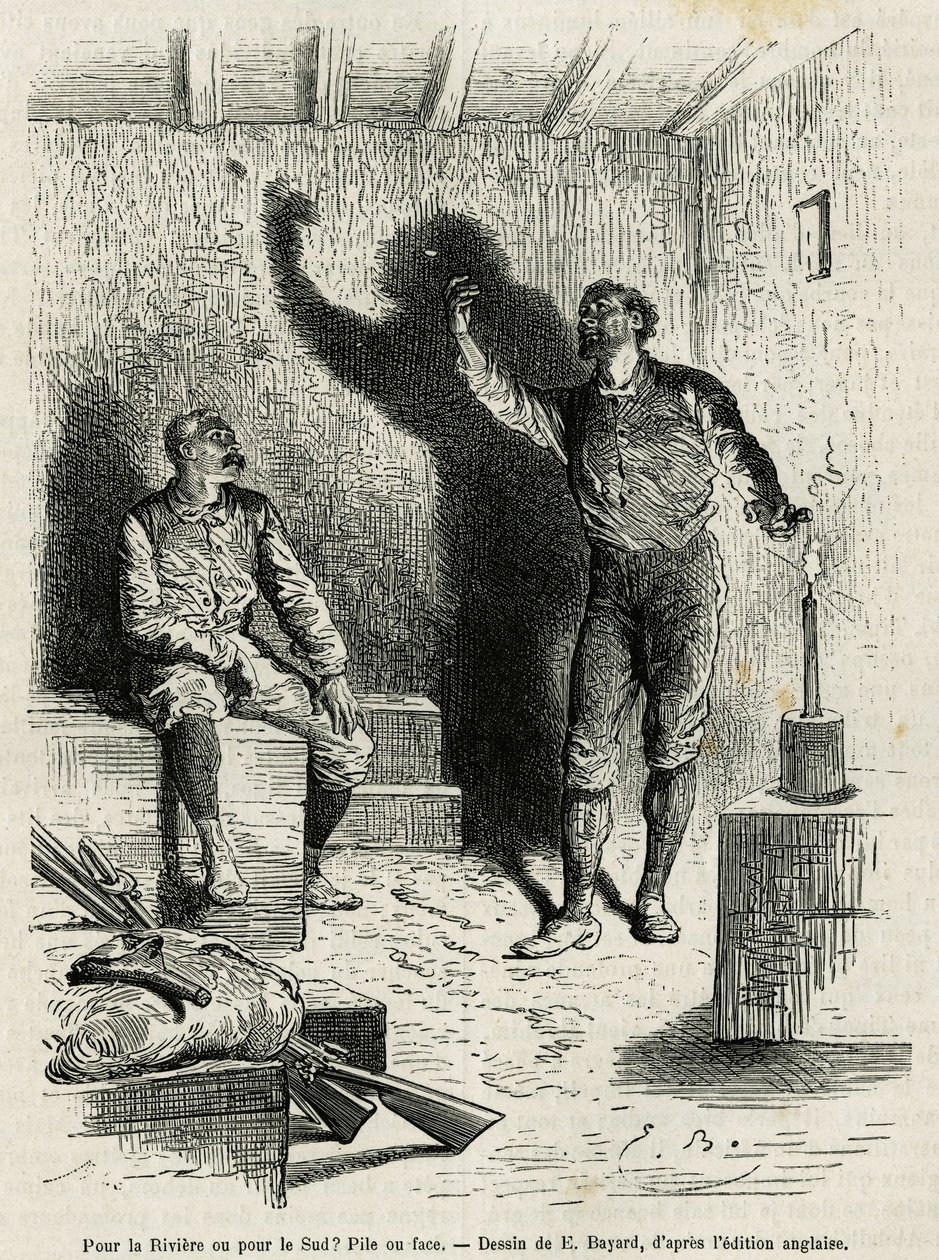Sir Henri Morton Stanley (1841-1904) and Franck Pock, his exploration companion, decide a pile or face of the itinerary of their journey, drawing by Emile Bayard, to illustrate the story Through the Mysterious Continent (Equatorial Africa), a voyage by Emile Antoine Bayard