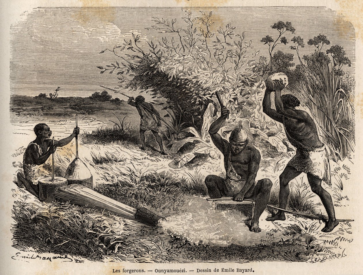 The blacksmiths, in the Ounyamouezi (Great Lakes region, Africa), drawing by Emile Bayard, illustrating the voyage of discovery in Africa, from 1860 to 1863 of Captain Speke. Engraving in Le tour du monde by Emile Antoine Bayard