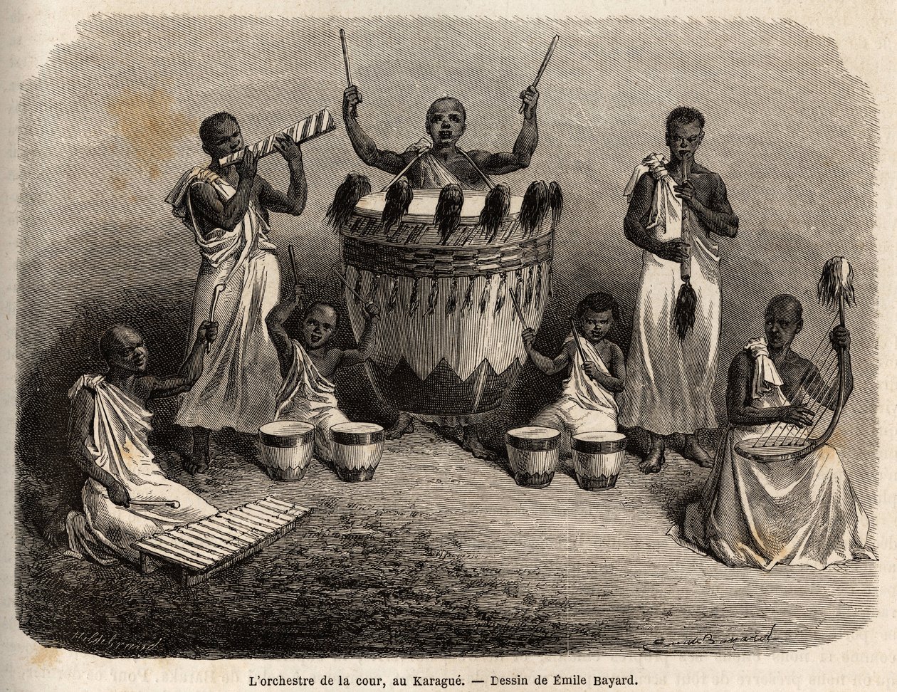 The court orchestra, in the Karague (west of Lake Victoria, present-day Zimbabwe), drawing by Emile Bayard, illustrating Captain Speke