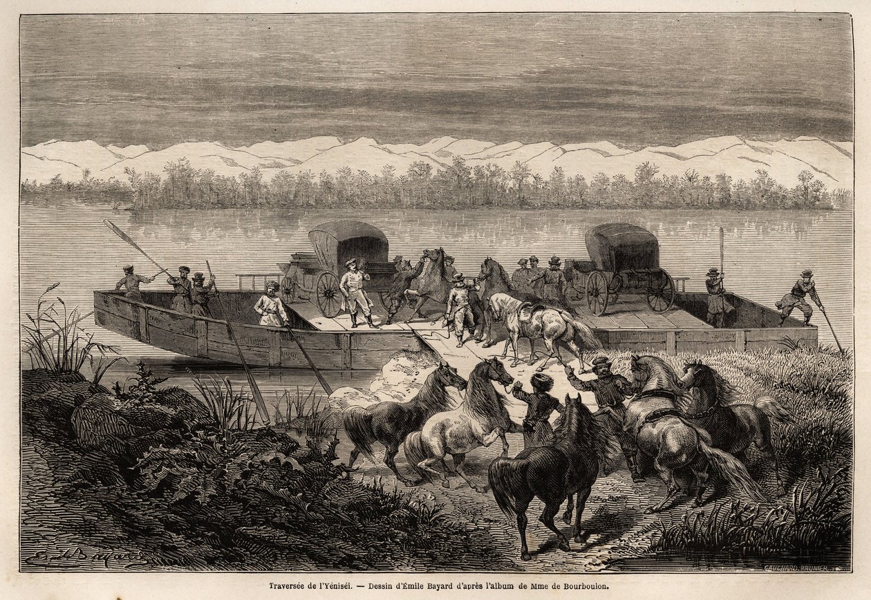 The crossing of the Yenissei River (Russia), drawing by Emile Bayard to illustrate the journey from Shanghai to Moscow, from 1859 to 1862, of M. de Bourboulon, Minister of France to China. Engraving in 