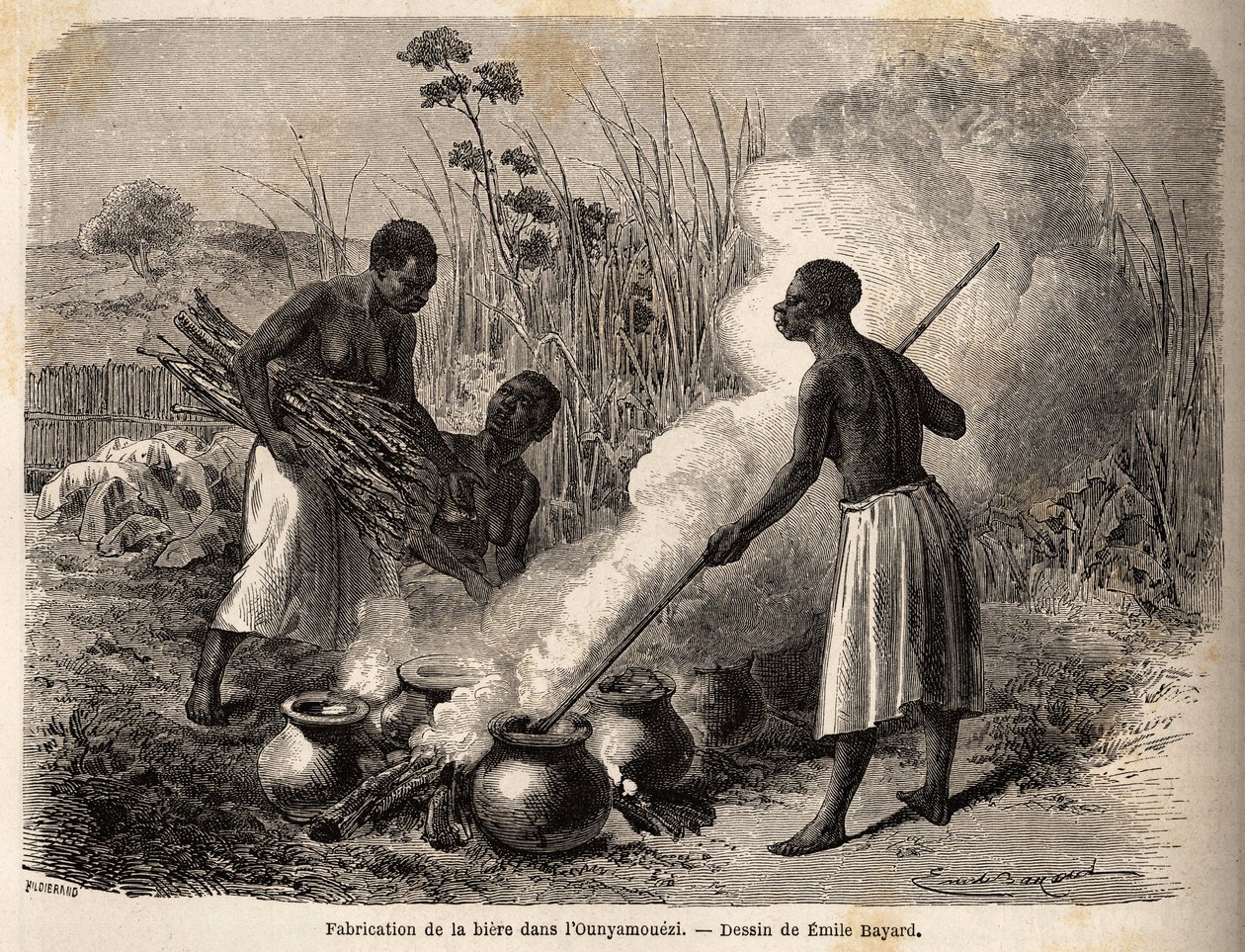 The production of beer, in the Ounyamouezi (Great Lakes region, Africa), drawing by Emile Bayard, illustrating the voyage of discovery in Africa, from 1860 to 1863 of Captain Speke. Engraving in Le tour du monde by Emile Antoine Bayard