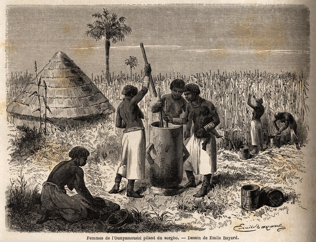 Women pounding sorghum, in the Ounyamouezi (Great Lakes region, Africa), drawing by Emile Bayard, illustrating Captain Speke