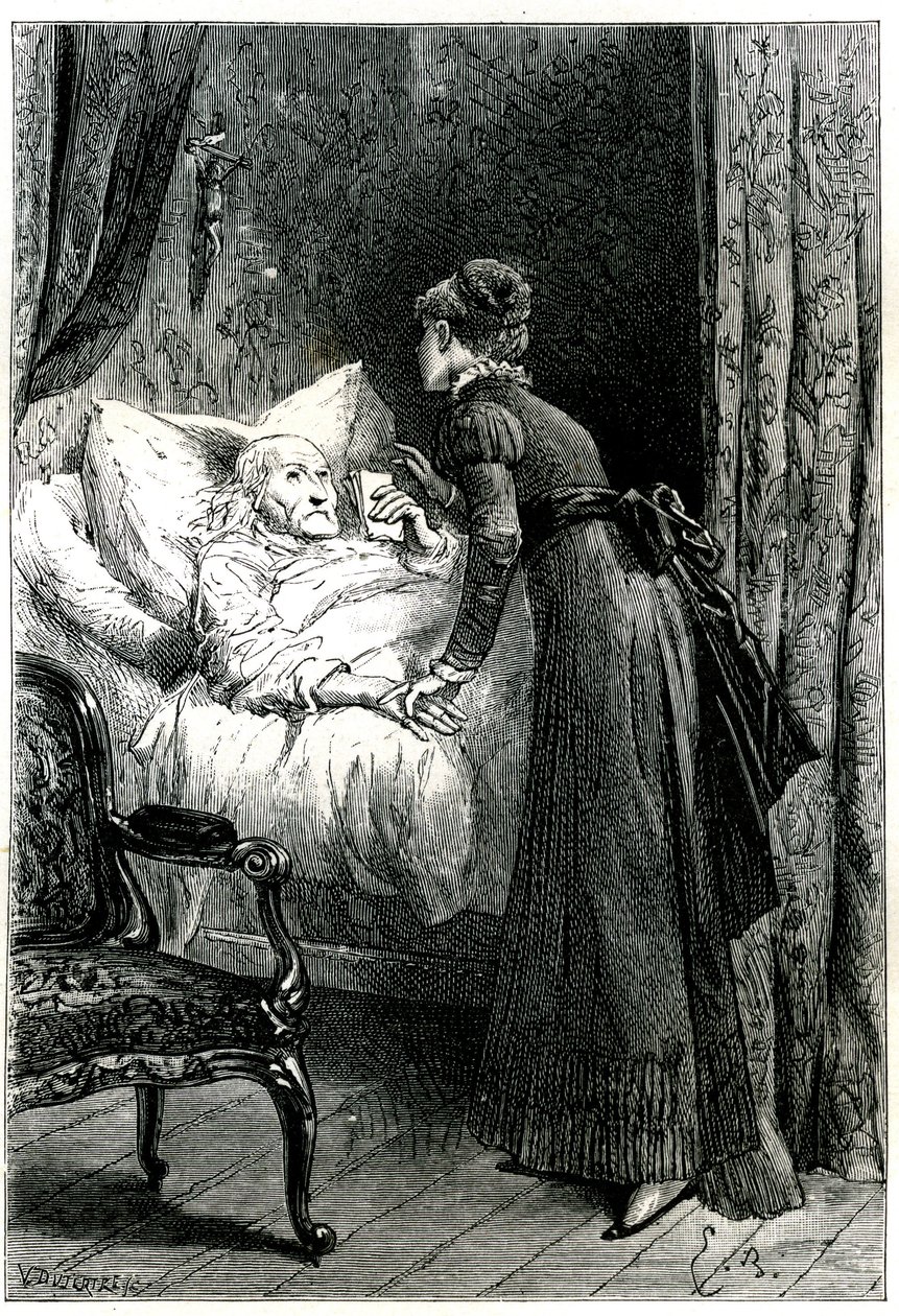 Young woman taking care of an old man dying in his bed under a crucifix hanging from the wall. The dying man holds his last recommendations (will) by hand. Engraving illustrating Jules Sandeau