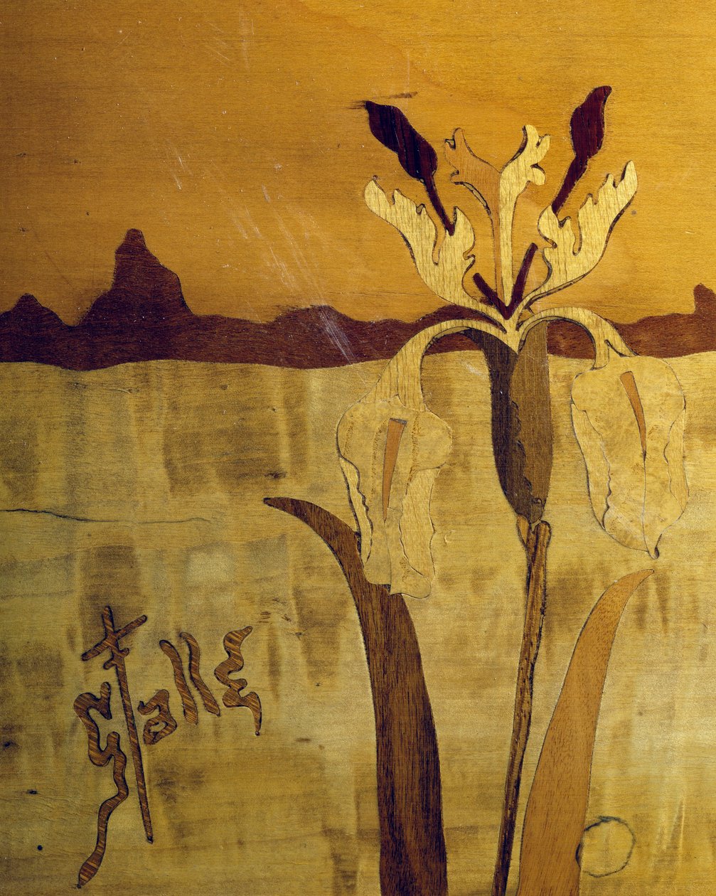 Art Nouveau style table, by Emile Galle, walnut with veneer finish and various woods (detail) by Emile Galle