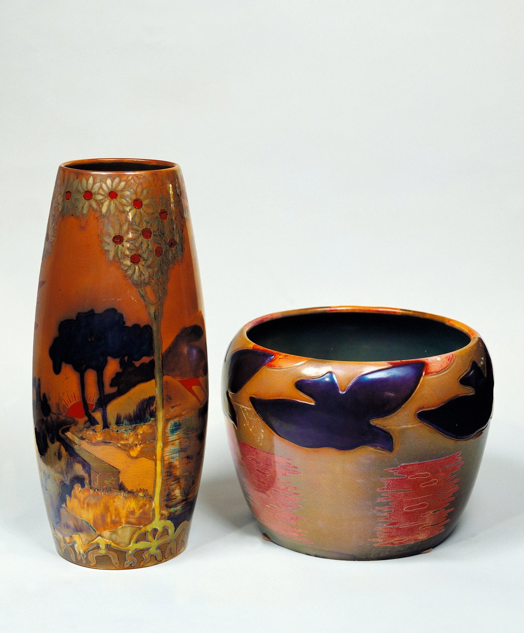 Cameo glass vases with globular bodies by Emile Galle
