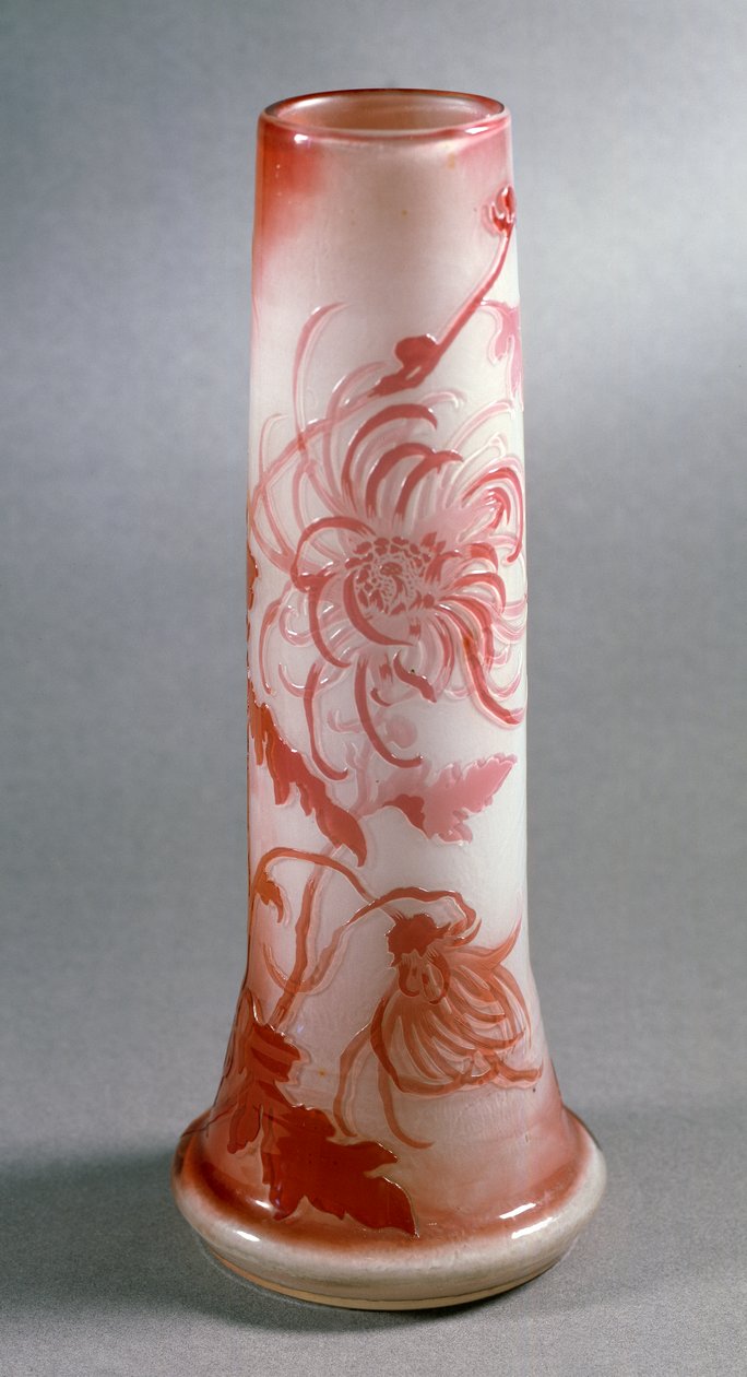 Double glass vase with red chrysanthemum decoration, ca 1900, France by Emile Galle