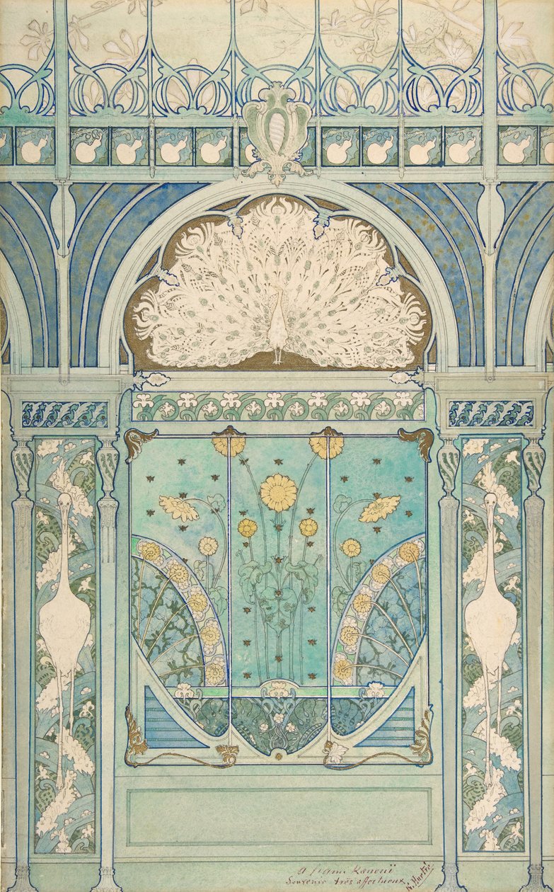 Design for a Wall Decoration with Peacock, Cranes, and Sunflowers for the Restaurant by Emile Hurtré