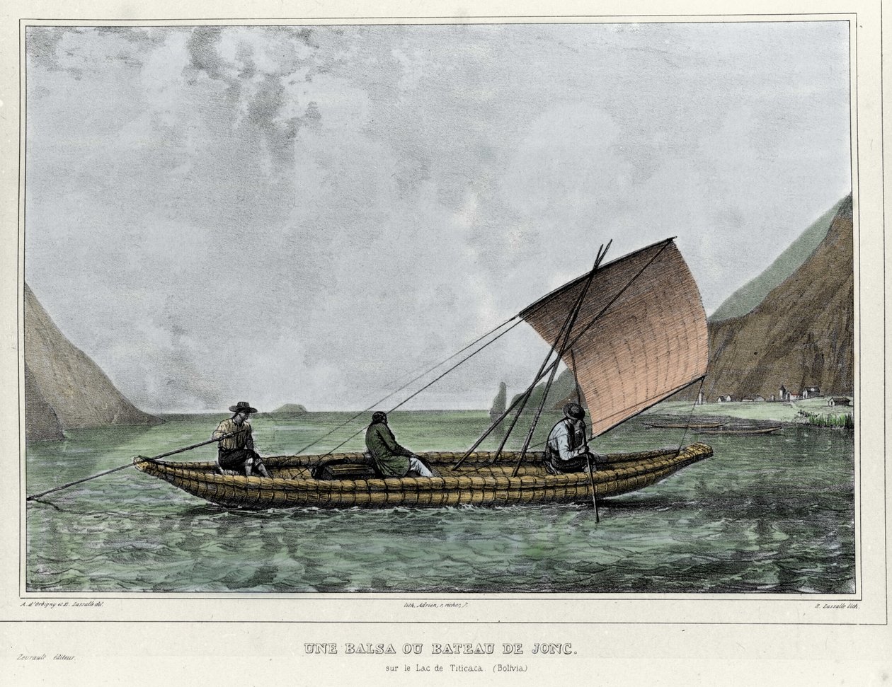A Balsa or a reed boat on Lake Titicaca (Bolivia). Lithograph by Emile Lassalle (1813-1871) - in “Voyage dans l