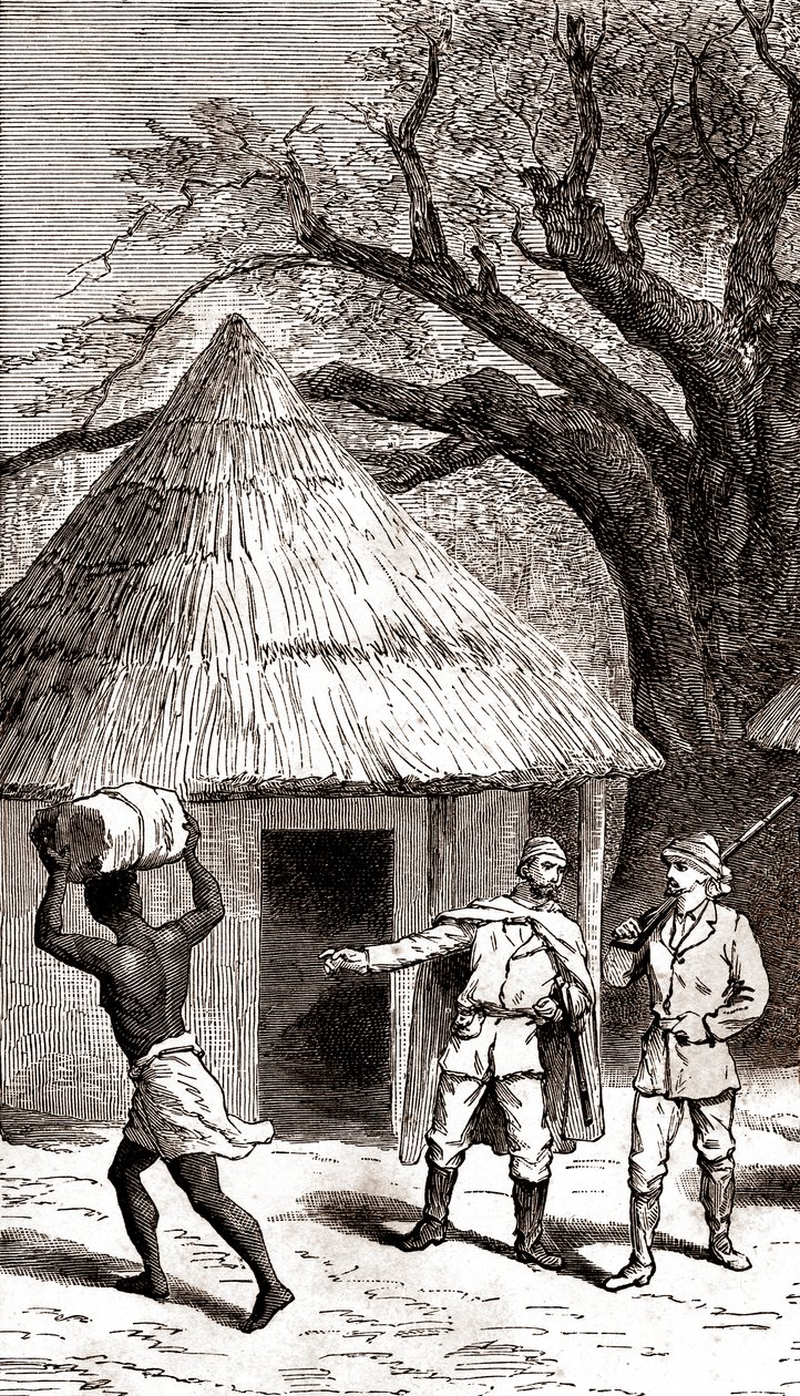 Explorers and Porters in Front of an African Hut, 1887 by Emile Mas