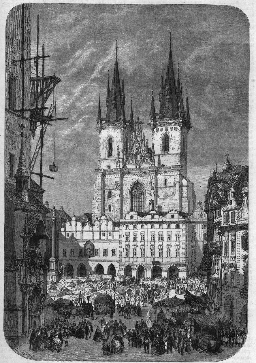 Gothic architecture: exterior view of the Church of Our Lady of Tyn in Prague by Emile Theodore Therond