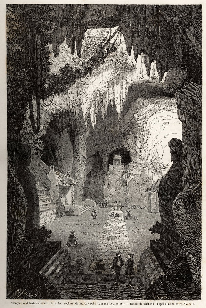 Underground Buddhist temple in marble rocks near Tourane, drawing by Therond, to illustrate the notes of a unique correspondence with Cochinchine. Engraving in Le tour du monde, nouveau journal des voyages Paris by Emile Theodore Therond