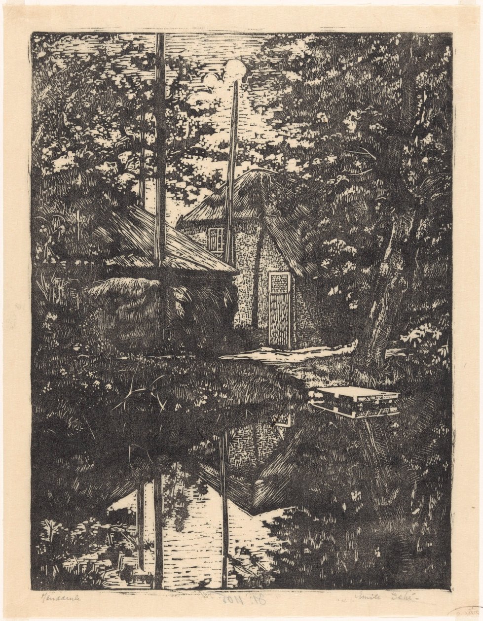 Farm and Hay Barn by the Water by Emilius Wilhelmus Dehé (signed by artist)