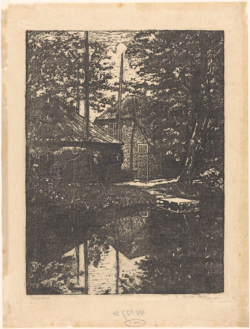 Farm and Hay Barn by the Water by Emilius Wilhelmus Dehé (signed by artist)